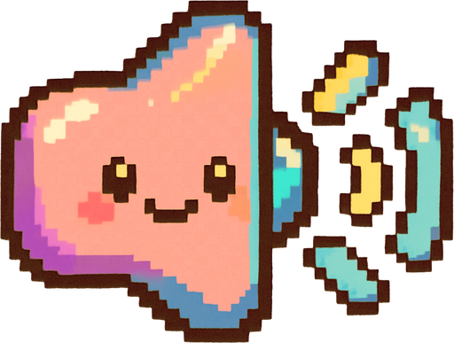 A small and cute pixel art icon representing sound on, designed for a 2D game UI. The icon shows a colorful, rounded speaker with smiling face and small animated sound waves coming out in bright pastel colors like yellow and light blue. The design is chibi and cartoonish, with soft outlines and playful details. It fits the style of a fun, colorful retro arcade game..
In-Game asset.  2d.  High contrast.  No shadows. pixel art. cute. ui icon. colorful. retro style. chibi. cartoonish