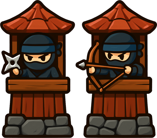 Towers have ninjas assets one have star and one have bow. HD colors.
In-Game asset.  2d.  High contrast.  No shadows