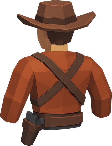 from behind left and up lowpoly gunslinger back with no arms no legs no head cowboy upper body without arms head and legs player hero good side. No background. Transparent background. Blank background. No shadows. 2d. In-Game asset. flat