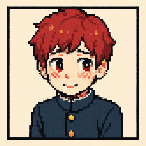 A cute 15-year-old red-haired boy with bright red eyes, wearing a traditional Japanese school uniform (gakuran). He is framed inside a square, showing a shy expression: blushing cheeks, slightly averted gaze, and a small, nervous smile. His shoulders are slightly hunched, giving off a sense of insecurity, yet his cuteness stands out clearly. The image is illustrated in Pixel Art style..
In-Game asset.  2d.  High contrast.  No shadows