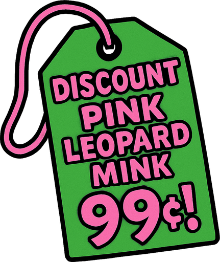 green price tag that says discount pink leopard mink 99 cents!
In-Game asset.  2d.  High contrast.  No shadows