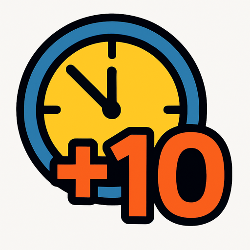 +10 inside of a clock icon.
In-Game asset.  2d.  High contrast.  No shadows