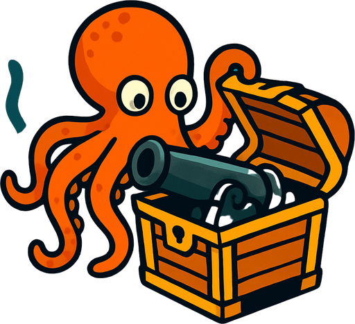 un pulpo naranja abriendo un cofre del tesoro donde encuentra en el fondo marino dentro de ese cofre un cañon nergro donde.
In-Game asset.  2d.  High contrast.  No shadows