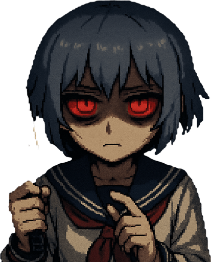 Stella is a 15-year-old anime girl—sweet and incredibly kawaii—with short, soft hair in a bluish-gray tone (HEX: #b0b9d8) and deep black eyes. She wears a traditional Japanese school uniform, the classic sailor-style fuku. In her right hand, she holds a butcher knife. Her expression is serious, and her eyes, now glowing with an intense yandere red, reflect jealousy and obsession. Dark under-eye circles emphasize her unsettling gaze.

She is inside a high school locker in a Japanese school. Her right hand is slightly raised, gripping the knife, while her left hand gently touches the blade with her index finger, mimicking the motion of a clock hand—adding to the eerie atmosphere. To emphasize the feeling of being inside the locker, soft light shines through the ventilation slits, casting dramatic shadows across her face.

The entire scene is rendered in detailed Pixel Art style, enhancing both the cuteness and the unsettling atmosphere of the character and setting.