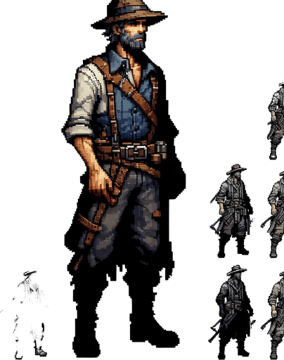 Farmer.
Single Game Texture.  In-Game asset.  2d.  Blank background.  High contrast.  No shadows