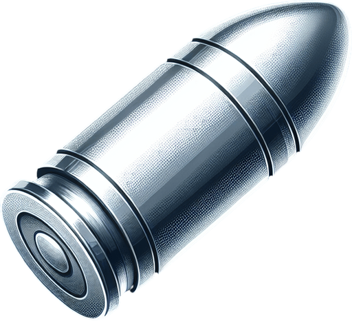 big silver bullet.
Single Game Texture. In-Game asset. 2d. Blank background. High contrast. No shadows.