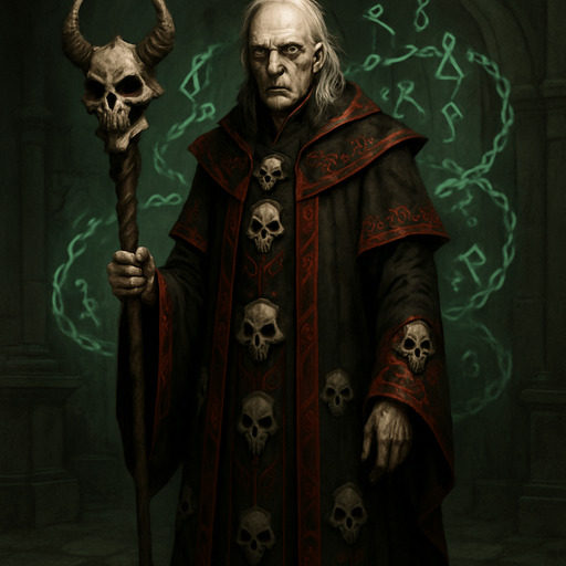 A haunted warlock in ceremonial black and crimson robes embroidered with skull patterns. Male, 56 years old, gaunt and tall, with shoulder-length white hair, sunken dark eyes glowing faint green, and sickly pale skin. He holds a staff topped with a demonic skull. Floating behind him are spectral chains and ghostly runes. The background is a cursed crypt. Realistic, highly detailed, dark arcane ambiance. realistic.
In-Game asset.  2d.  High contrast.  No shadows
