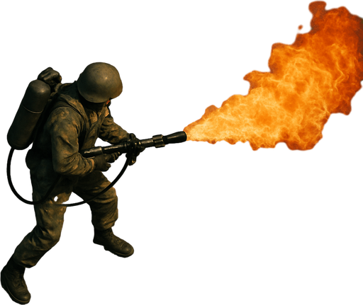 Army soldier with flamethrower, top view from drone