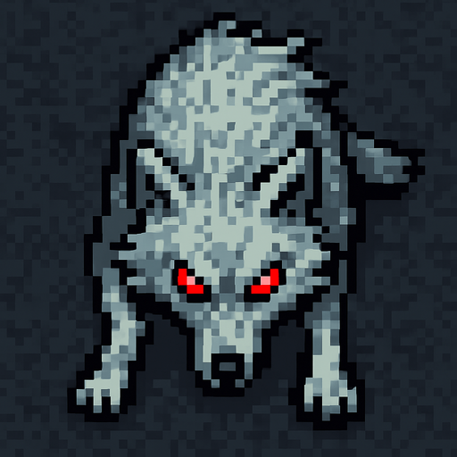 “Top-down 2D pixel art of a light gray wolf with glowing red eyes. The wolf is in an aggressive stance, body low and tense as if ready to pounce or stalking prey. Fur is rough and slightly wind-blown. Viewed directly from above, with visible head, back, legs, and tail. Designed as a game sprite with a hostile and wild appearance.”.
In-Game asset.  2d.  High contrast.  No shadows