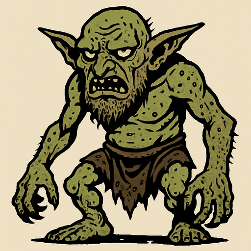 Büyük barbar vahşi pis bir goblin yeşil solgun derili.
In-Game asset.  2d.  High contrast.  No shadows