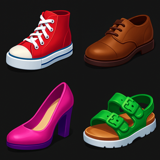 Pack of different shoes.
In-Game asset.  High contrast.  No shadows. 3D