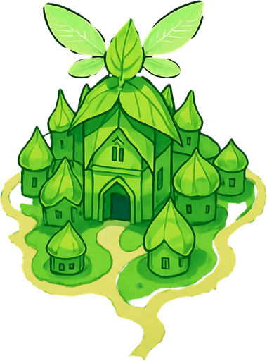 image top down hutan pinus luas yang ditengahnya terdapat kerajaan peri daun. 2d anime.
In-Game asset.  2d.  High contrast.  No shadows