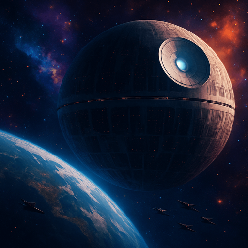 A dramatic sci-fi space background featuring a massive spherical orbital station inspired by the Death Star, orbiting a distant planet. The station has detailed surface structures, illuminated trenches, and a large superlaser dish glowing softly. Surrounding the station are small starfighters flying in formation against a vibrant starfield filled with colorful nebulas in shades of blue, purple, and orange. The distant planet below shows visible continents and atmosphere with soft clouds. The scene is cinematic and mysterious, with dynamic lighting and subtle lens flares to enhance depth and realism. High resolution, widescreen format, concept art style, original and copyright-safe..
In-Game asset.  2d.  High contrast.  No shadows