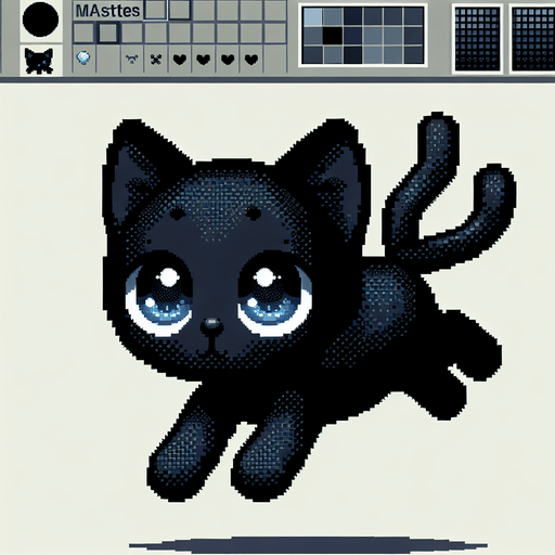 Flying, Cute black cat with blue eyes. Dot picture. Single Game Texture. In-Game asset. 2d. Blank background. High contrast. No shadows.