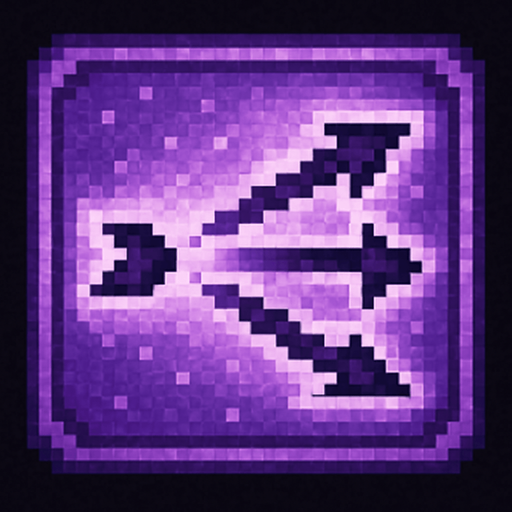 Pixel art of a violet power-up icon with three small arrows or projectiles spreading outward. Represents multishot power in a retro-style game. Glowing, pixelated square icon.
In-Game asset.  2d.  High contrast.  No shadows