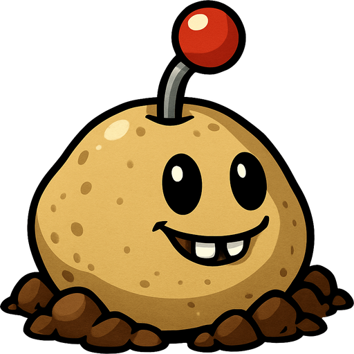 La imagen muestra a una planta del videojuego "Plants vs. Zombies". Es una "Potato Mine" (Papa Mina), un tipo de planta explosiva.

Características de la imagen:

Forma: Tiene una forma redondeada y abultada, como la de una patata, que sobresale del suelo.

Color: Es de color beige o marrón claro.

Textura: Parece tener una superficie algo irregular, sugiriendo la textura de una patata o tierra.

Cara: Posee dos ojos grandes y negros, de forma ovalada, y una pequeña boca sonriente con dos dientes frontales visibles. Esto le da una expresión amigable.

Elemento superior: De la parte superior de la "patata" emerge un tallo gris delgado que sostiene una esfera roja brillante con un pequeño punto blanco en el centro. Esta esfera se asemeja al detonador de una mina o a una palanca de encendido.

Base: Está rodeada por terrones de tierra o rocas pequeñas de color marrón oscuro, dando la impresión de que acaba de brotar del suelo o está parcialmente enterrada..
In-Game asset.  2d.  High contrast.  No shadows