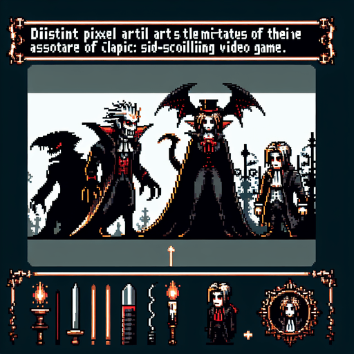 A pixel art sprite in a Super Nintendo, Super Castlevania style where it looks a little gothic/vampire hunter like

Single Game Texture. In-Game asset. 2d. Blank background. High contrast. No shadows.