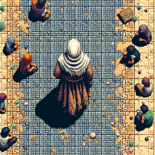 Directly overhead, plumb view of a beggar heading top (we see his back)..
Zenith view, directly overhead, plumb view. NOT PERSPECTIVE! Fantasy theme. Pixel art