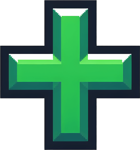 a green cross, icon, pixel style.
Single Game Texture. In-Game asset. 2d. Blank background. High contrast. No shadows.