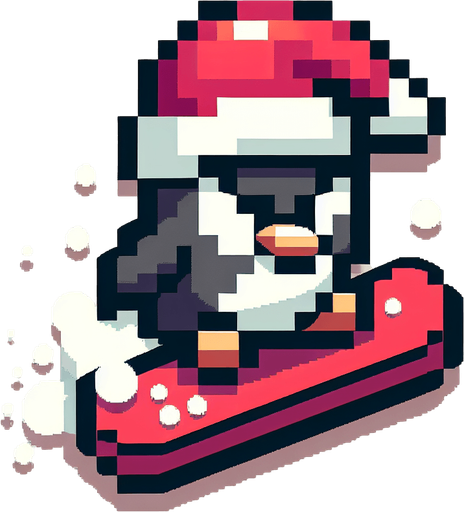 angry penguin snowboarder wearing a red santa hat. top-view. gta 2. seen from above. Single Game Texture. In-Game asset. 2d. Blank background. High contrast. No shadows. pixelated. 8 bit
