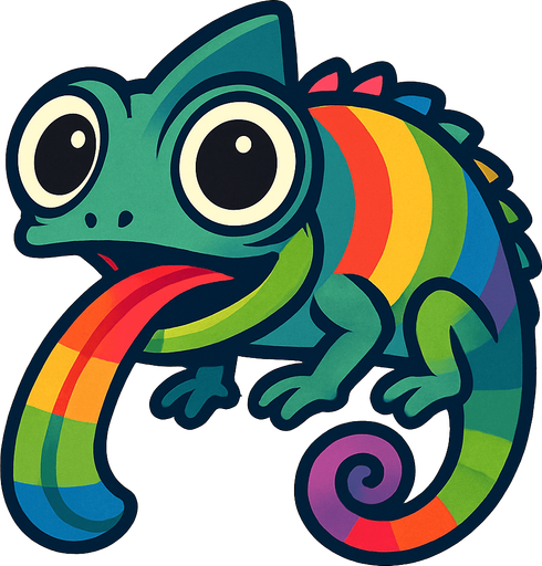 kocaman gözleri olan ve ağzında olan her renge göre renk değiştiren bir bukalemun.
In-Game asset.  2d.  High contrast.  No shadows