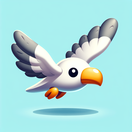 A cartoon-style seagull in mid-flight, white feathers with a light gray beak and wings slightly spread out. Expressions should be fun and mischievous.".
Single Game Texture.  In-Game asset.  2d.  Blank background.  High contrast.  No shadows