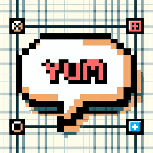 8-bit "YUM" dialog bubble.
Single Game Texture. In-Game asset. 2d. Blank background. High contrast. No shadows.