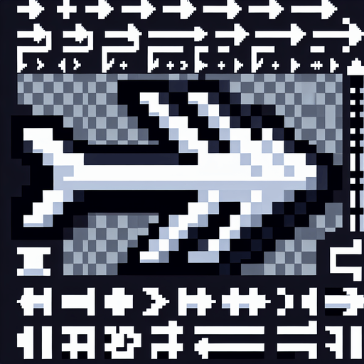 Create a sprite sheet featuring a white arrow with a black outline. The arrow should be detailed with distinct features and pixel art styling reminiscent of classic 32-bit era video games. Ensure the arrow stands out against any background with its contrasting colors. Arrange the arrows neatly on a transparent background for easy identification and integration into game development..
Single Game Texture. In-Game asset. 2d. Blank background. High contrast. No shadows.