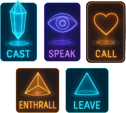 Neon cyberpunk mobile game menu overlay boxes for CAST, SPEAK, CALL, ENTHRALL, LEAVE magic gemstone crystal sigil eyeball heart triangle topdown flat 3d 2d hologram futuristic glowing occult chic HOLOGRAM menu