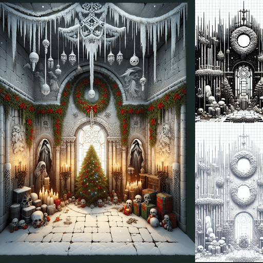 Eerie Christmas-inspired crypt room similar to a resident evil room
Single Game Texture. In-Game asset. 2d. Blank background. High contrast. No shadows.