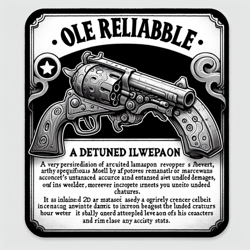 Card Title: Dr. Mann’s Six-Shooter

Subtitle: Ole Reliable

Type: Weapon, Ranged

Description: A revolver used by infamous Foundation doctor Everett Mann. Bonus to accuracy. Bonus to damage vs. undead. Bonus to lunacy.

Stats: +10 ATK / +3 ACC.
Single Game Texture.  In-Game asset.  2d.  Blank background.  High contrast.  No shadows