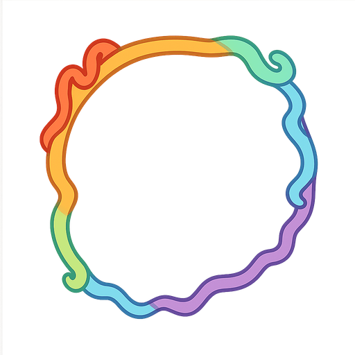 a circle empty inside, at the edges there is rainbow curly things. No background. Transparent background. Blank background. No shadows. 2d. In-Game asset. flat