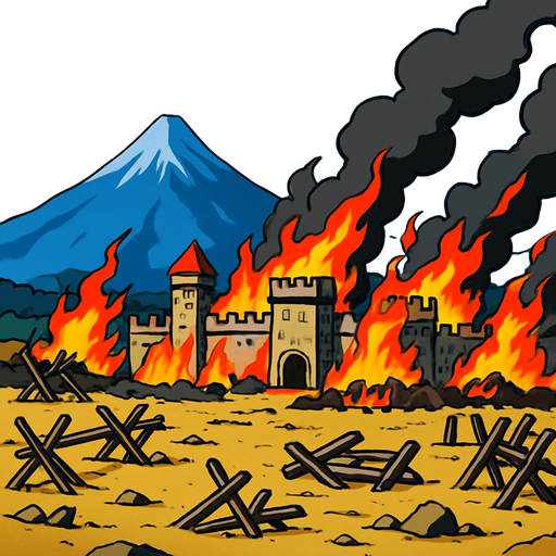 plain battlefield of defense burning medieval fortres at bottom anime image style. blue sky at upper. far distance a mountain
In-Game asset.  2d.  High contrast.  No shadows