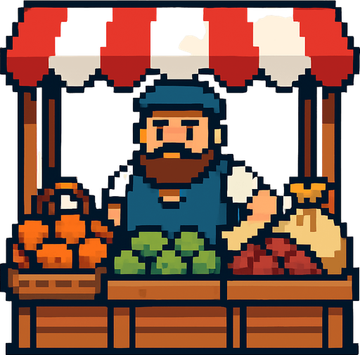 npc market pixelart.
In-Game asset.  2d.  High contrast.  No shadows