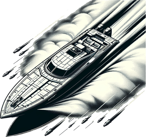 horizontal top down image drugs 
smugler super boat.
Single Game Texture.  In-Game asset.  2d.  Blank background.  High contrast.  No shadows