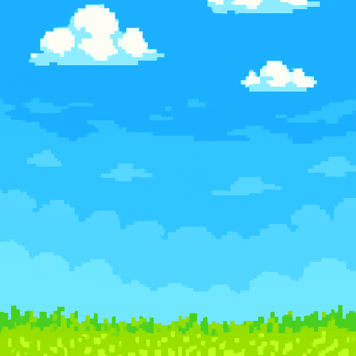 Create a pixel art background image for a 2D mobile game in portrait orientation.

The scene should feature a bright blue sky with some pixelated white clouds, and a grassy green field at the bottom.

Use a colorful, retro pixel art style (16-bit style), keeping the image light and cheerful.

The background should not include any characters or objects, only environment elements.

Leave space in the middle of the screen for gameplay elements (like the grid of boxes).

Make sure the image loops or tiles well if needed..
In-Game asset.  2d.  High contrast.  No shadows