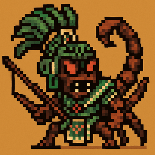Genérame una Escorpion Colombiano guerrero azteca con eso patrones, estilo pixelar, con una apariencia maligna, ojos rojos, rabioso. Unidad a distancia, con un arco o cerbatana. Animal.
In-Game asset.  2d.  High contrast.  No shadows