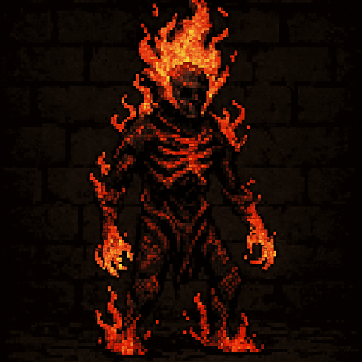 Ateş ruhu karakteri dark souls style 2d pixel art.
In-Game asset.  2d.  High contrast.  No shadows