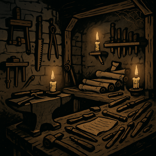 A medieval craftsman's workshop, cluttered with wooden tools, candlelight flickering on iron anvils and scrolls, stone walls, dusty air, dark fantasy realism.
In-Game asset.  2d.  High contrast.  No shadows
