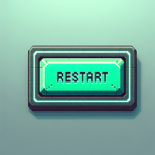 A green, elongated rectangular button designed for a video game UI, viewed straight from the front. The button has a muted neon green surface with a soft, subtle glow, giving it a retro-punk futuristic vibe without overwhelming brightness. The edges are slightly rounded, with a faint cyan outline that adds a touch of depth and complements the design.

Centered on the button, the word 'RESTART' appears in a bold, pixel-art font with a faint white outline, ensuring it remains clear and readable. The background is simple and minimal, with a subtle grid texture lightly visible on the button's surface to maintain the retro-futuristic aesthetic without excess glare. The overall design is clean and balanced, perfect for an immersive gaming interface..
Single Game Texture. In-Game asset. 2d. Blank background. High contrast. No shadows.