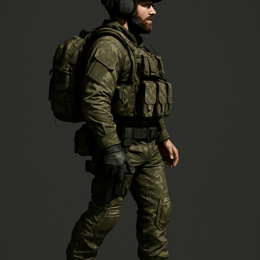 Komando, yazısız, gerçekçi, yandan görünüm, bütün vücudu görünsün.
In-Game asset.  High contrast.  No shadows