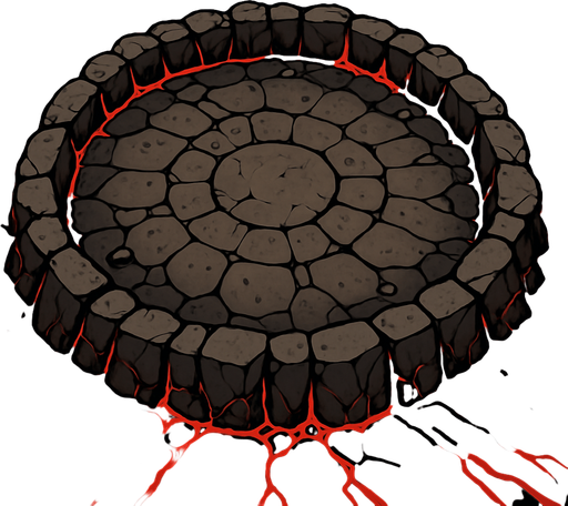 bird's eye view of a round rocky arena surrounded by flames decorated with red lava.
In-Game asset.  2d.  High contrast.  No shadows