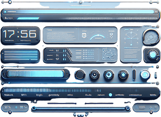 A 2D top UI bar for a mobile phone interface, designed with a futuristic aesthetic. The bar is flat and minimalistic, stretching horizontally across the top of the screen. On the right side, a simple battery icon is displayed, filled to indicate the charge level. The rest of the bar features small, clean icons for signal strength, Wi-Fi, and notifications, along with a digital clock in a modern, futuristic font. The design is clean and functional, with subtle accents like soft blue highlights to give it a slightly futuristic feel while keeping it simple and UI-focused..
Single Game Texture. In-Game asset. 2d. Blank background. High contrast. No shadows.