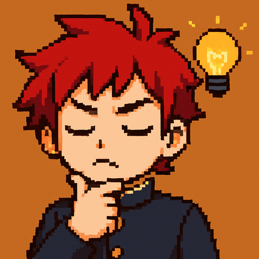 A kawaii anime boy with red eyes and a serious expression stands with his eyes closed, resting a hand under his chin in a thoughtful pose. He’s wearing a traditional Japanese school uniform called a gakuran. Suddenly, a lightbulb appears above his head—the classic symbol of a brilliant idea. He opens his eyes with determination, a confident smile forming on his face. It's Pixel Art.