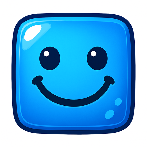 Can you draw a smiling face with rounded edges, square blue and shiny effect?.
In-Game asset.  2d.  High contrast.  No shadows