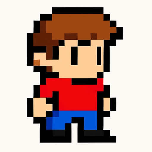 Make an 8 bit boy with brown hair.
In-Game asset.  2d.  High contrast.  No shadows