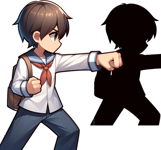 A school kid ready to punch.
Single Game Texture.  In-Game asset.  2d.  Blank background.  High contrast.  No shadows