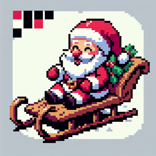 8-bit. cartoon. santa on sledge. smiling. in game asset. Single Game Texture. In-Game asset. 2d. Blank background. High contrast. No shadows.
