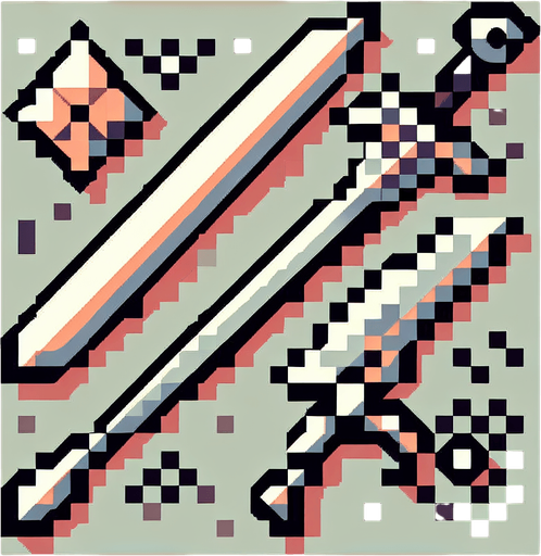 sword pixelated.
Single Game Texture. In-Game asset. 2d. Blank background. High contrast. No shadows. Indie style, low resolution