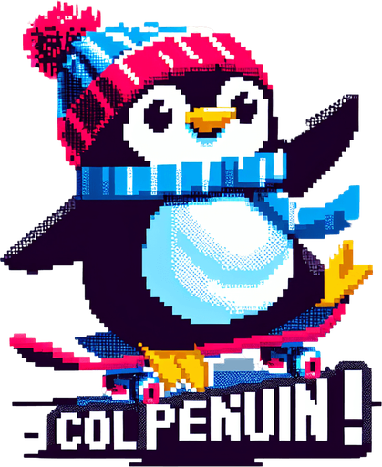 8-bit Pinguin_skater_features. Make a text written above (your way).
A